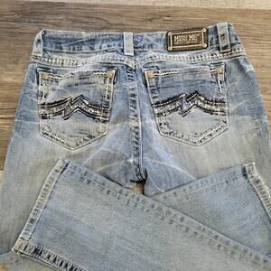 Vintage Y2k Miss‎ Me Easy Crop Blue Light Wash 29 Rhinestone Embroidered Jeans